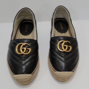Gucci Black Quilted Leather Espadrille Flats with Gold Double G